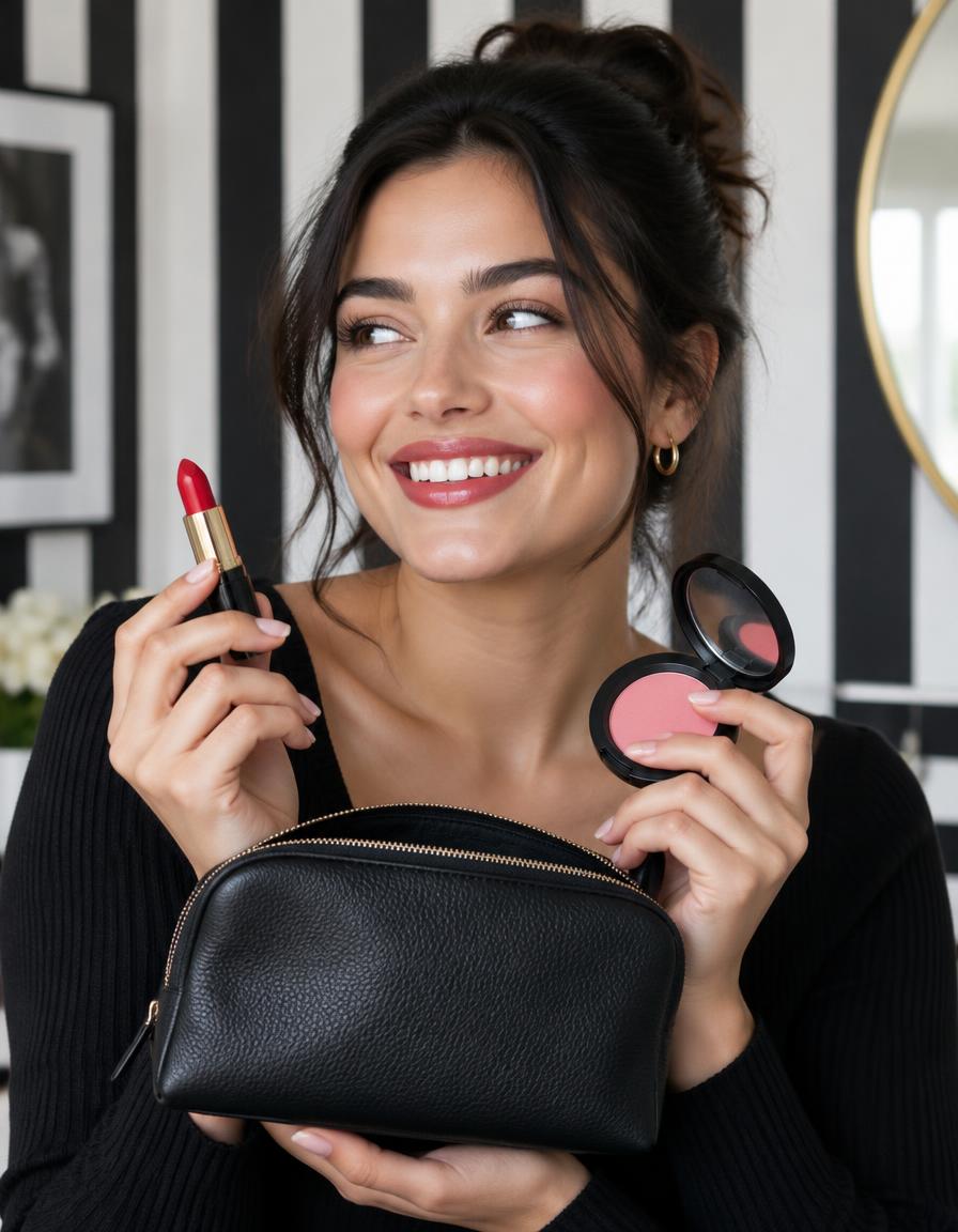 Studentin mit Kosmetiktasche und Lippenstift